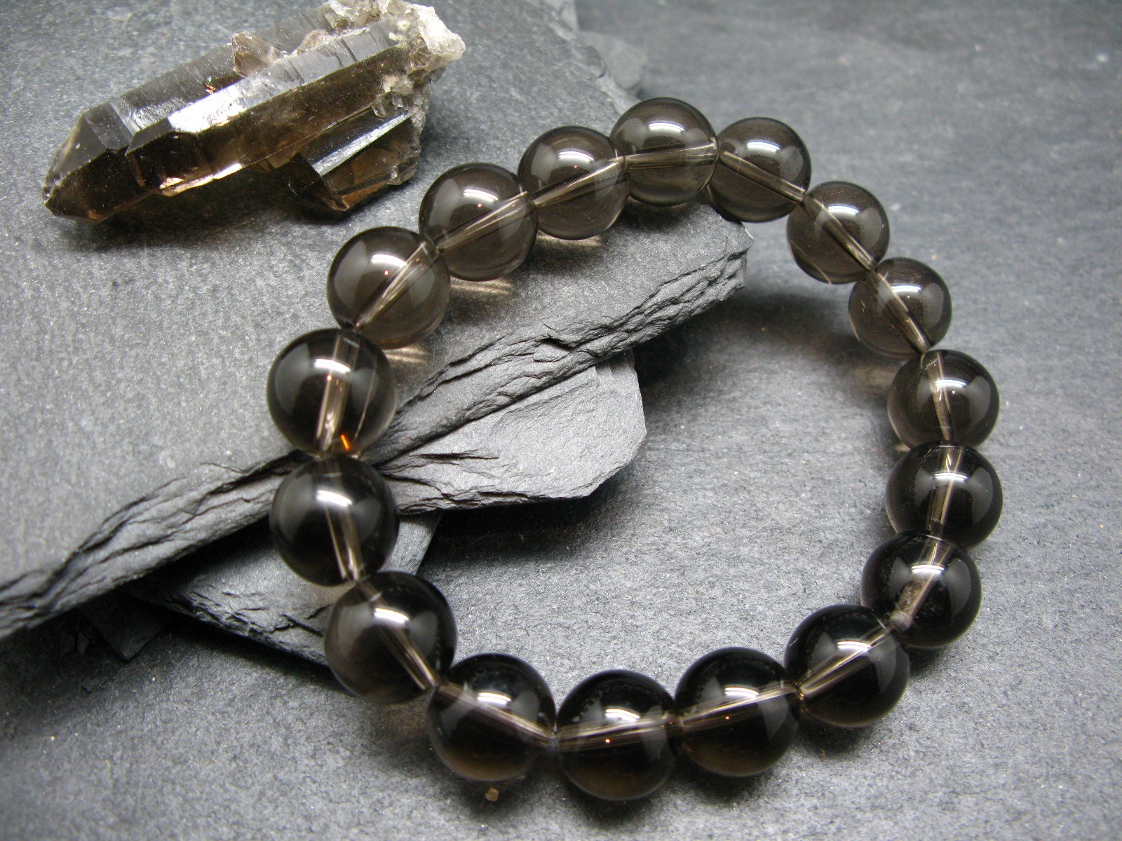 Smoky Quartz Genuine Bracelet ~ 7 Inches  ~ 12mm Round Beads