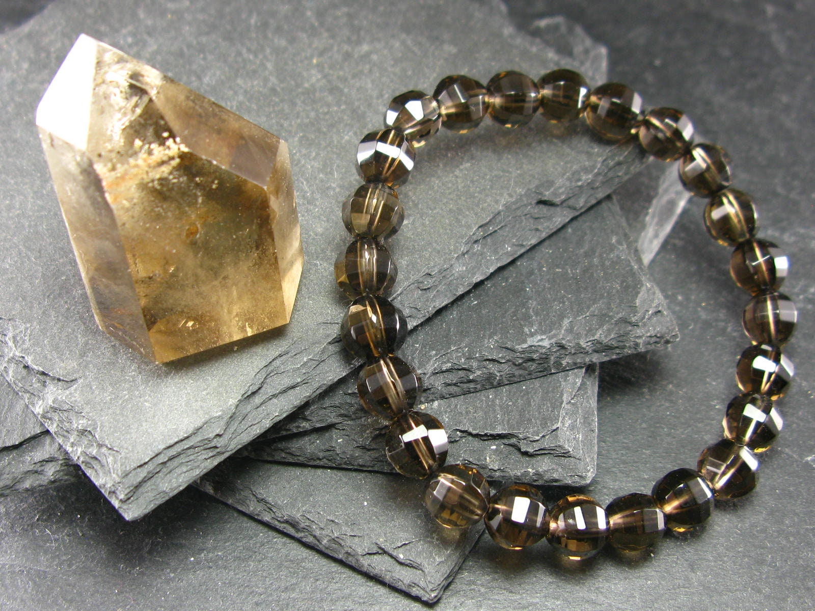 Smoky Quartz Genuine Bracelet ~ 7 Inches  ~ 8mm Facetted Beads