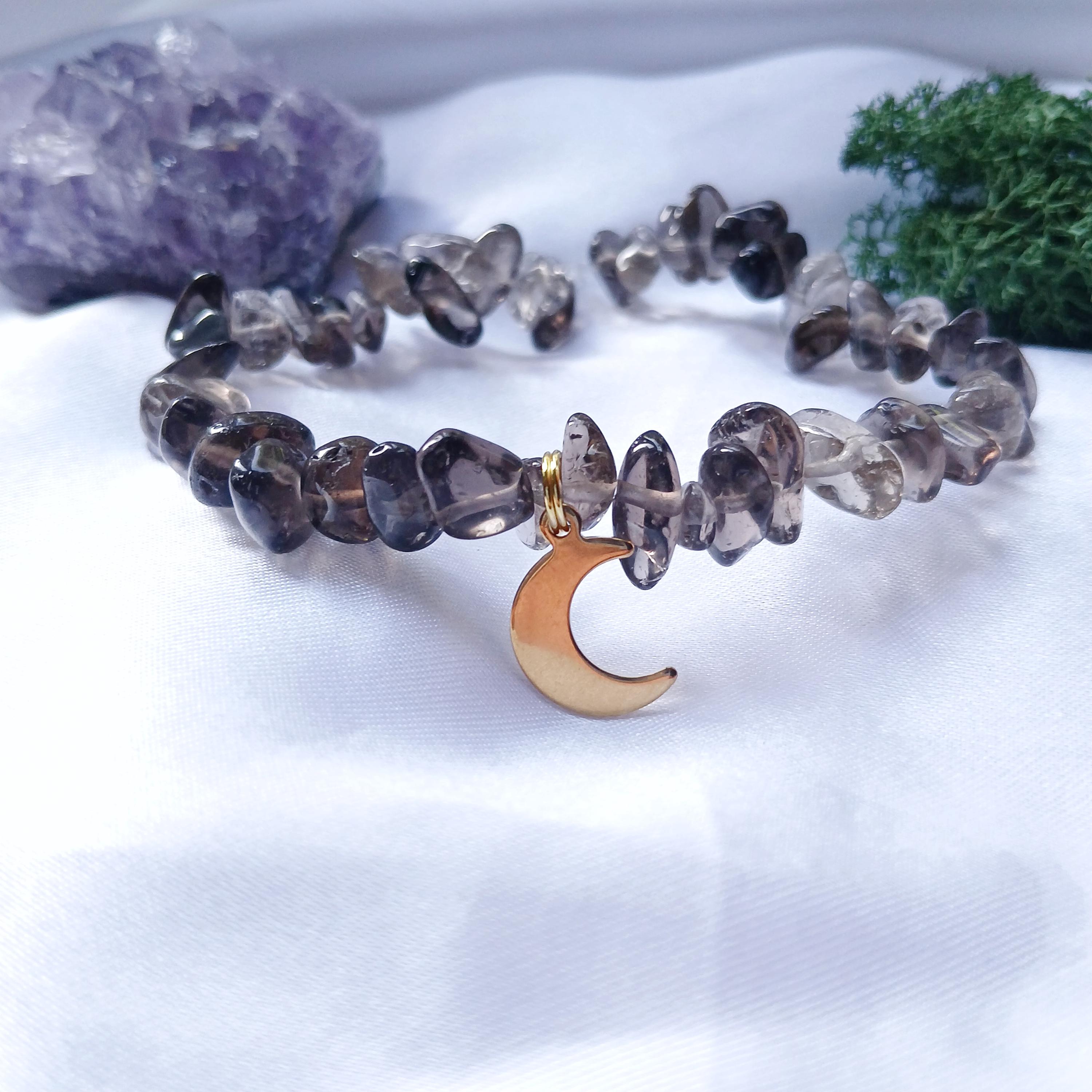 Smoky Quartz Gold Crescent Moon Gemstone Bracelet