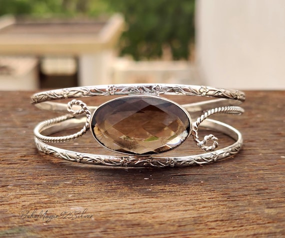 Handmade Smokey Quartz Bangle: Sterling Silver Gemstone Bracelet