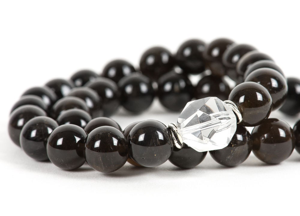 Morion Quartz Bracelet,  Smoky Quartz Gemstone Stretch Handmade Jewelry, Statement Gemstone Jewelry