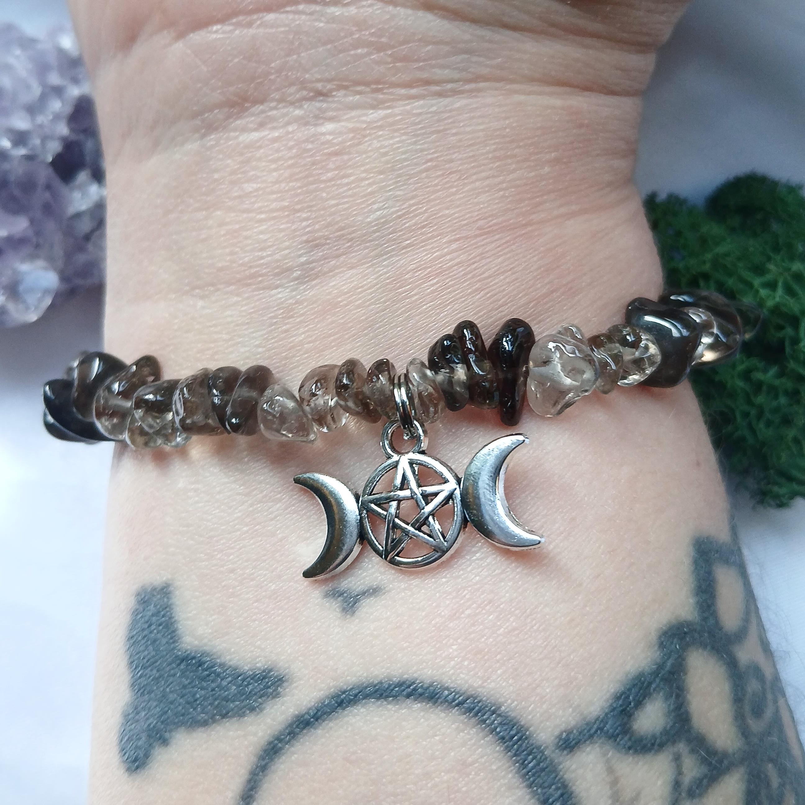 Smoky Quartz Pentacle Triple Moon Gemstone Bracelet