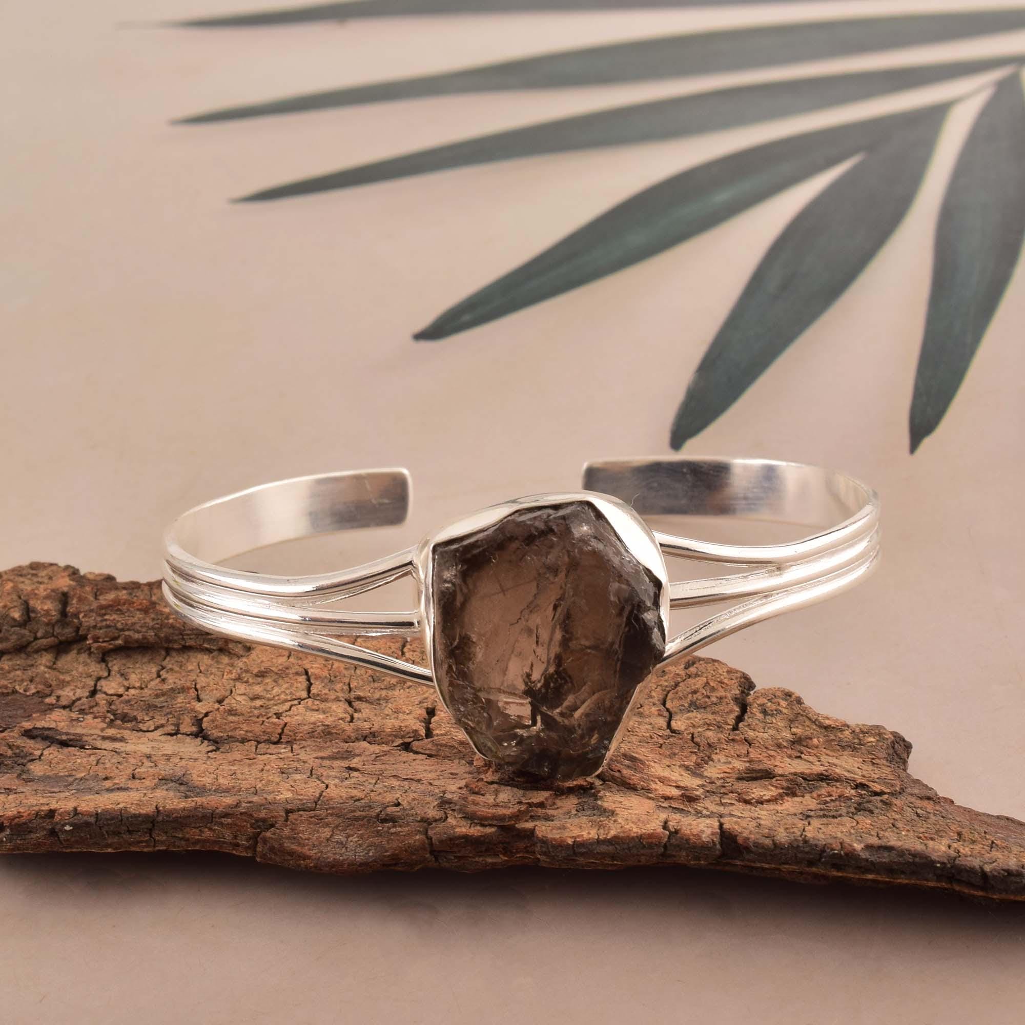 Raw Smoky Quartz Bracelet In 925 Sterling Silver, Dainty Cuff Bangle, Healing Crystal Jewelry, Minimalist Handmade Bracelet Gift For Her