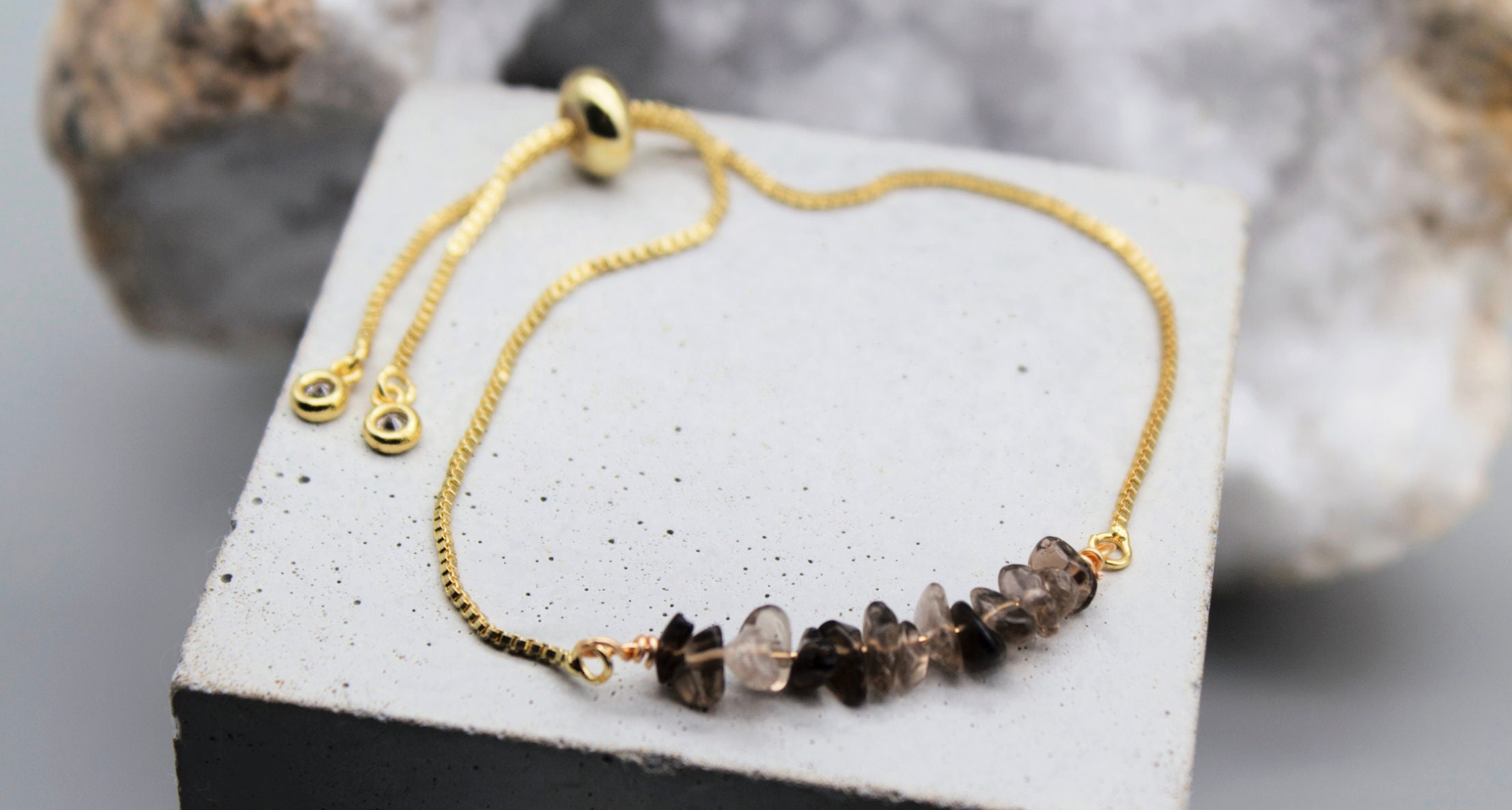 Smokey Quartz Chip Bracelet: Gold Crystal Link Jewelry
