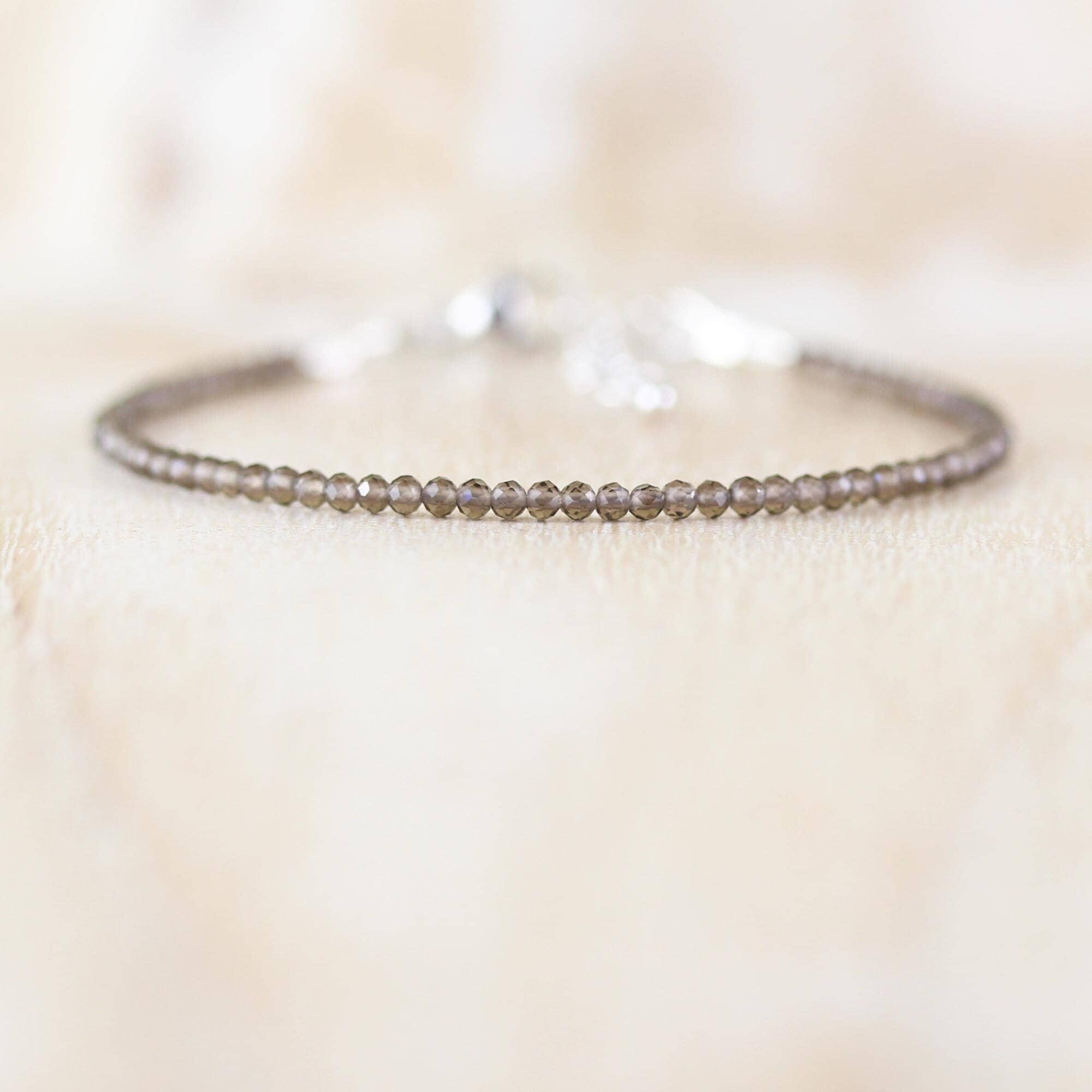Smokey Quartz Delicate Bracelet In Sterling Silver, Gold Or Rose Gold Filled, Dainty Gemstone Stacking Bracelet With Tiny 2mm Faceted Beads
