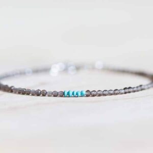 Smoky Quartz Bracelet With Turquoise, Ultra Delicate Beaded Gemstone Bracelet, Smokey Quartz Jewelry, Rose Gold Fill Or Sterling Silver