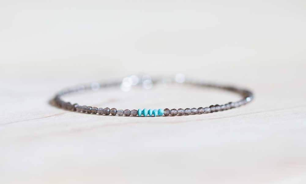 Smoky Quartz Bracelet With Turquoise, Ultra Delicate Beaded Gemstone Bracelet, Smokey Quartz Jewelry, Rose Gold Fill Or Sterling Silver