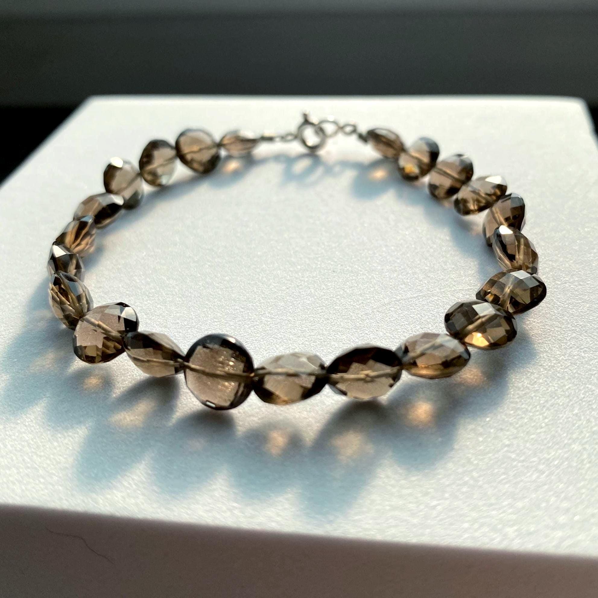 Bracelet Smoky Quartz Unique Gift For Her Round Faceted Beads Natural Smoky Brown Gemstone Modern Special Cut Handmade Jewelry Ddp Us Paid
