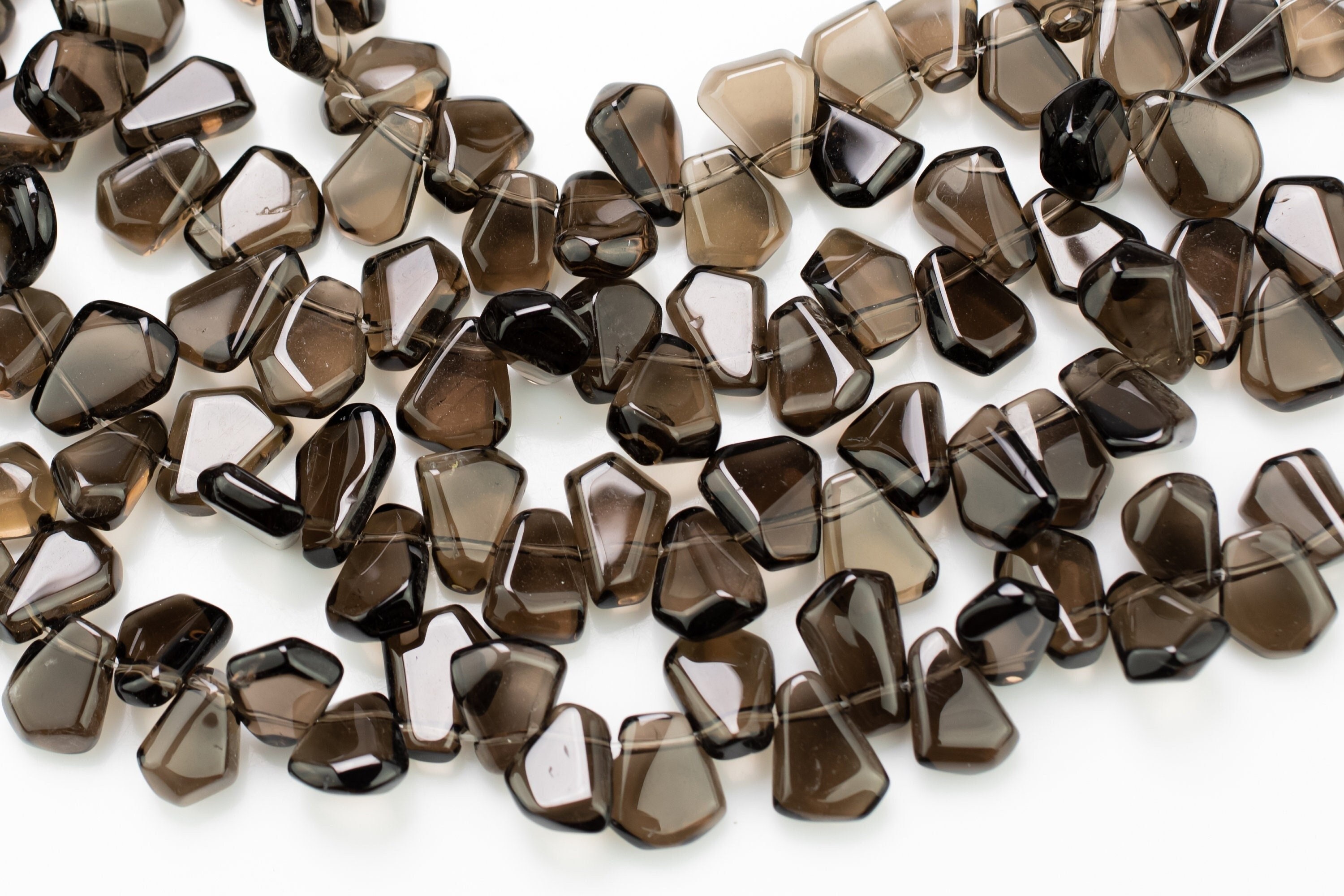 Natural Smokey Quartz Beads,  Flat Nugget Drops Brios- Full Strand 15 Inch Strand- High Polish-12x15mm