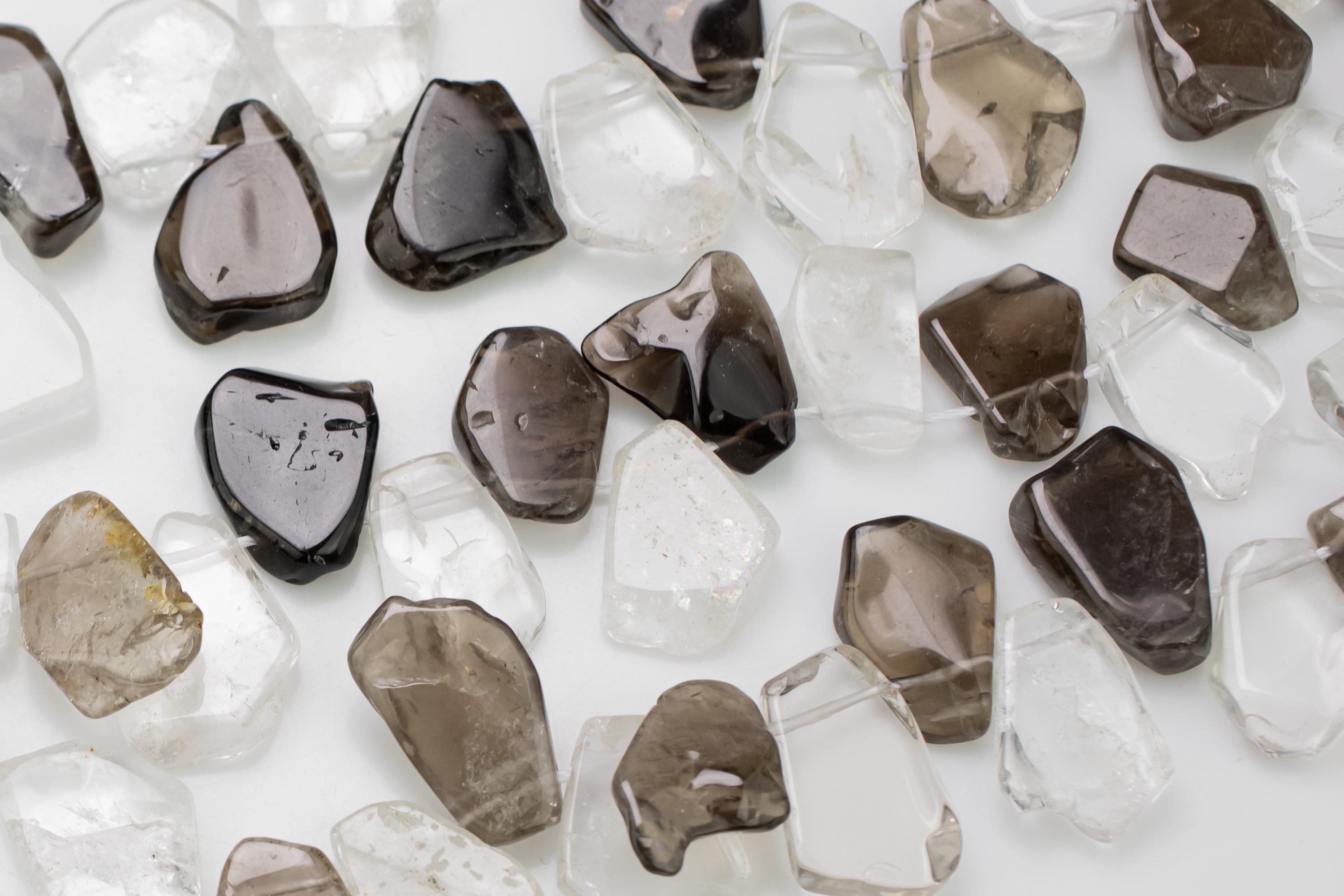 Natural Smokey Quartz And Quartz Beads,  Flat Nugget Drops Brios- Full Strand 15 Inch Strand- High Polish-15x18mm