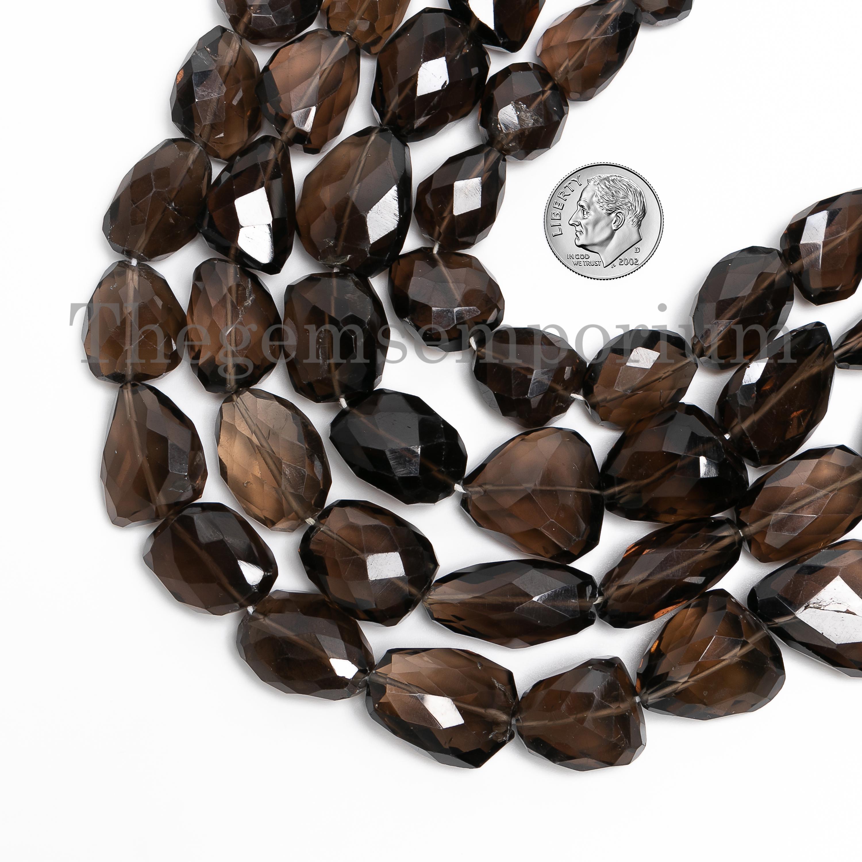 Raw Faceted Smoky Quartz Nuggets, Natural Smoky Quartz Nuggets Beads, Loose Drilled Beads Strand For Jewelry Making, Smoky Quartz Necklace