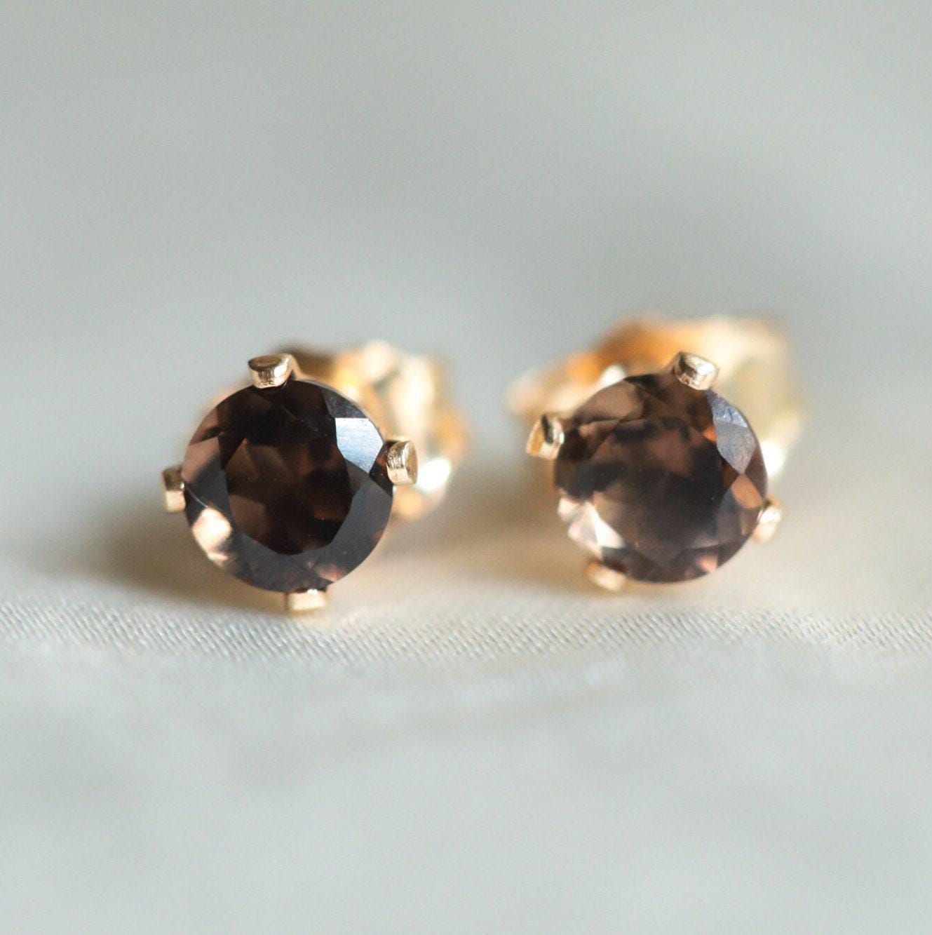 14k Gold Smoky Quartz Earring, [eesp1234] Gemstone Stud Earrings, Gold Gemstone Studs, Smoky Quartz Earrings, Quartz Stud *bss