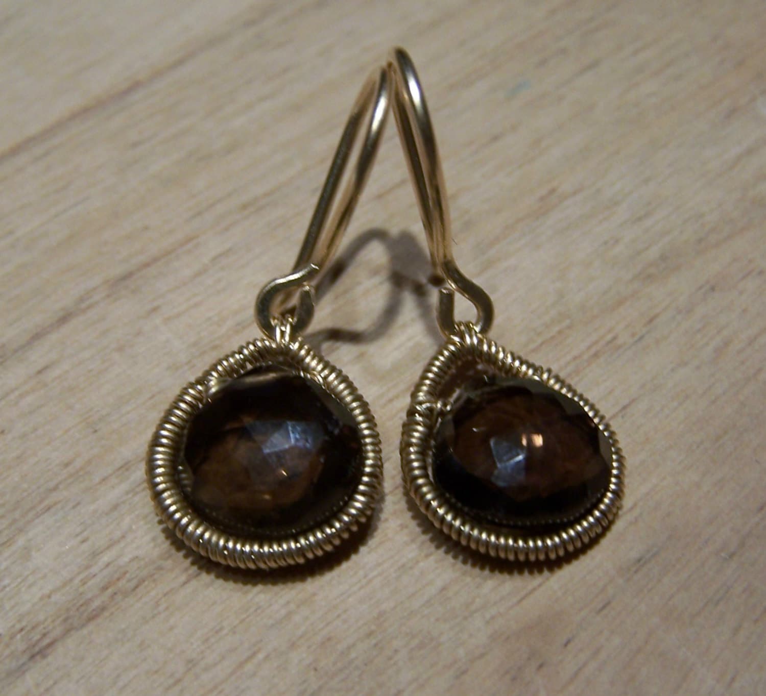 Smoky Quartz,  14k Goldfilled Coil Wrap, Hook Earwire  Earrings