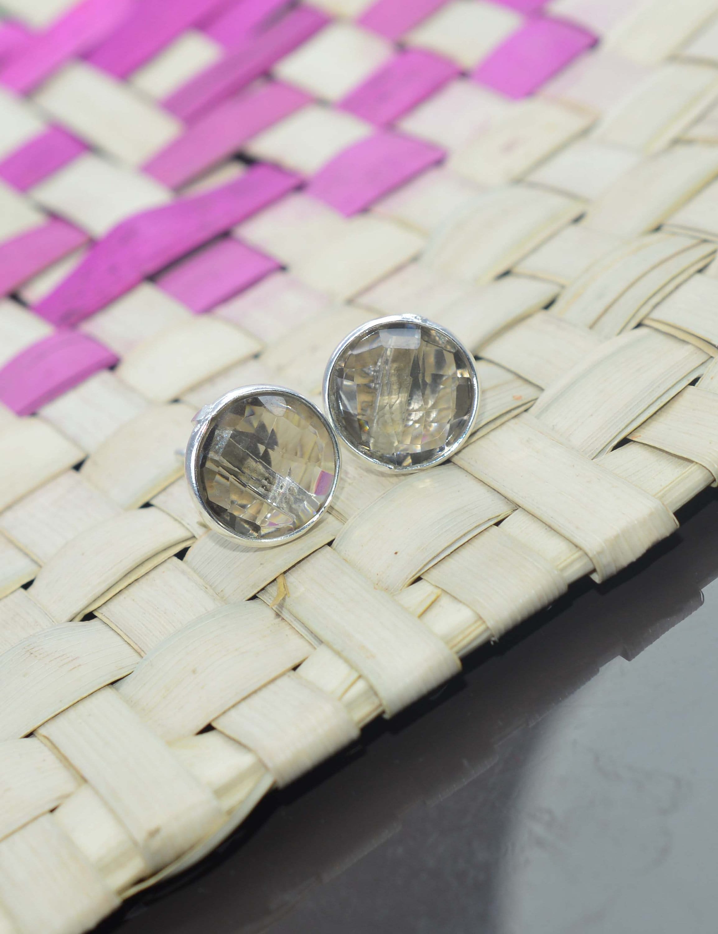 Smoky Quartz 925 Sterling Silver Faceted Gemstone Jewelry Round Shape Stud Earring