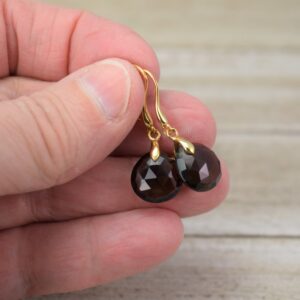 Smoky Quartz Briolette Dangle / Faceted Round Drop Earrings - Gold Vermeil
