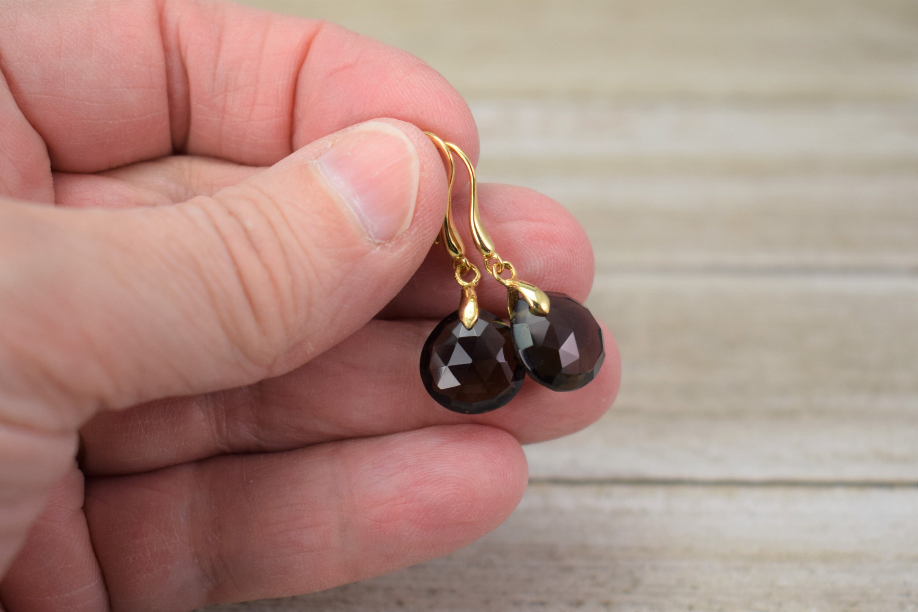 Smoky Quartz Briolette Dangle / Faceted Round Drop Earrings - Gold Vermeil