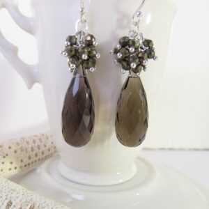 Smoky Quartz Briolette Earrings, Pyrite Halo, Sterling Silver