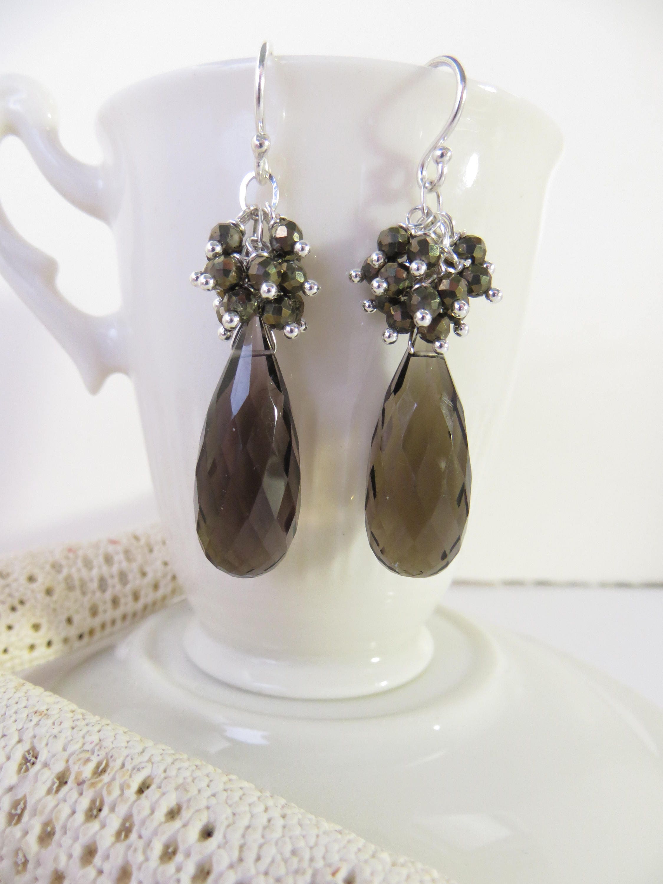 Smoky Quartz Briolette Earrings, Pyrite Halo, Sterling Silver