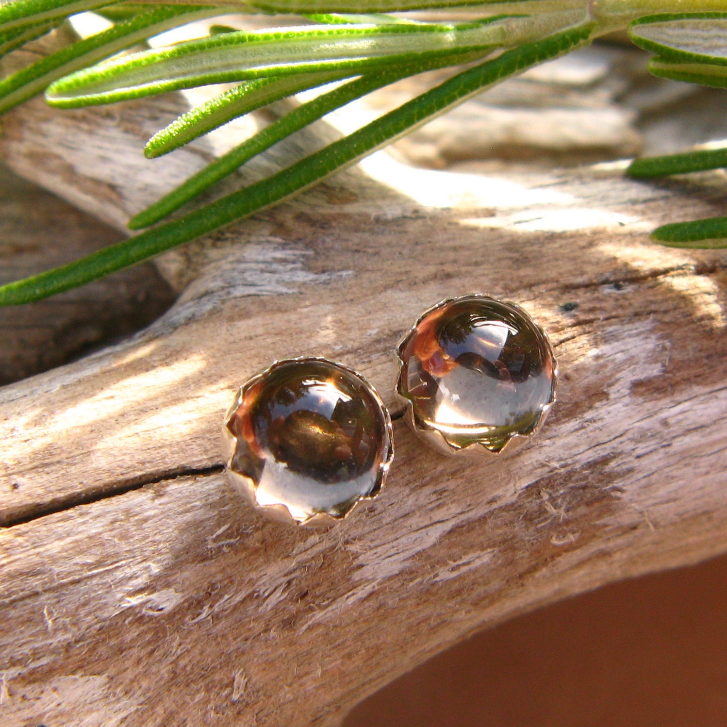 Smoky Quartz Cabochon Studs , 14k Gold Stud Earrings Or Sterling Silver Smoky Quartz Studs , 4mm, 6mm Low Profile Serrated Or Crown Earrings