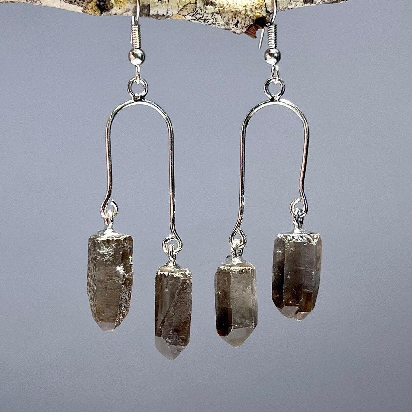 Smoky Quartz Crystal Drop Earrings, Handmade Gemstone Dangle Earrings