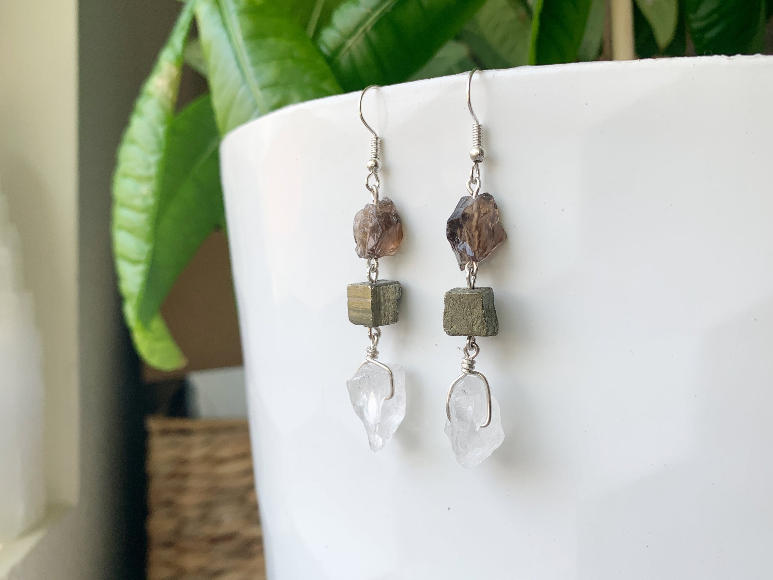 Crystal Protection Earrings, Empath Earrings, Healing Stone Earrings, Smoky Quartz Pyrite Clear Quartz Dangle Drop Earrings, Witch Earrings