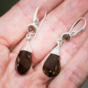 Smoky Quartz Dangle Earrings, 925 Sterling Silver, Checkerboard Cut