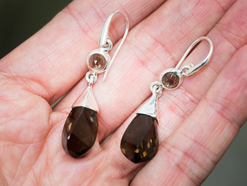 Smoky Quartz Dangle Earrings, 925 Sterling Silver, Checkerboard Cut