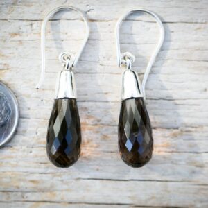 Smoky Quartz Dangle Earrings: 925 Sterling Silver, Checkerboard Cut