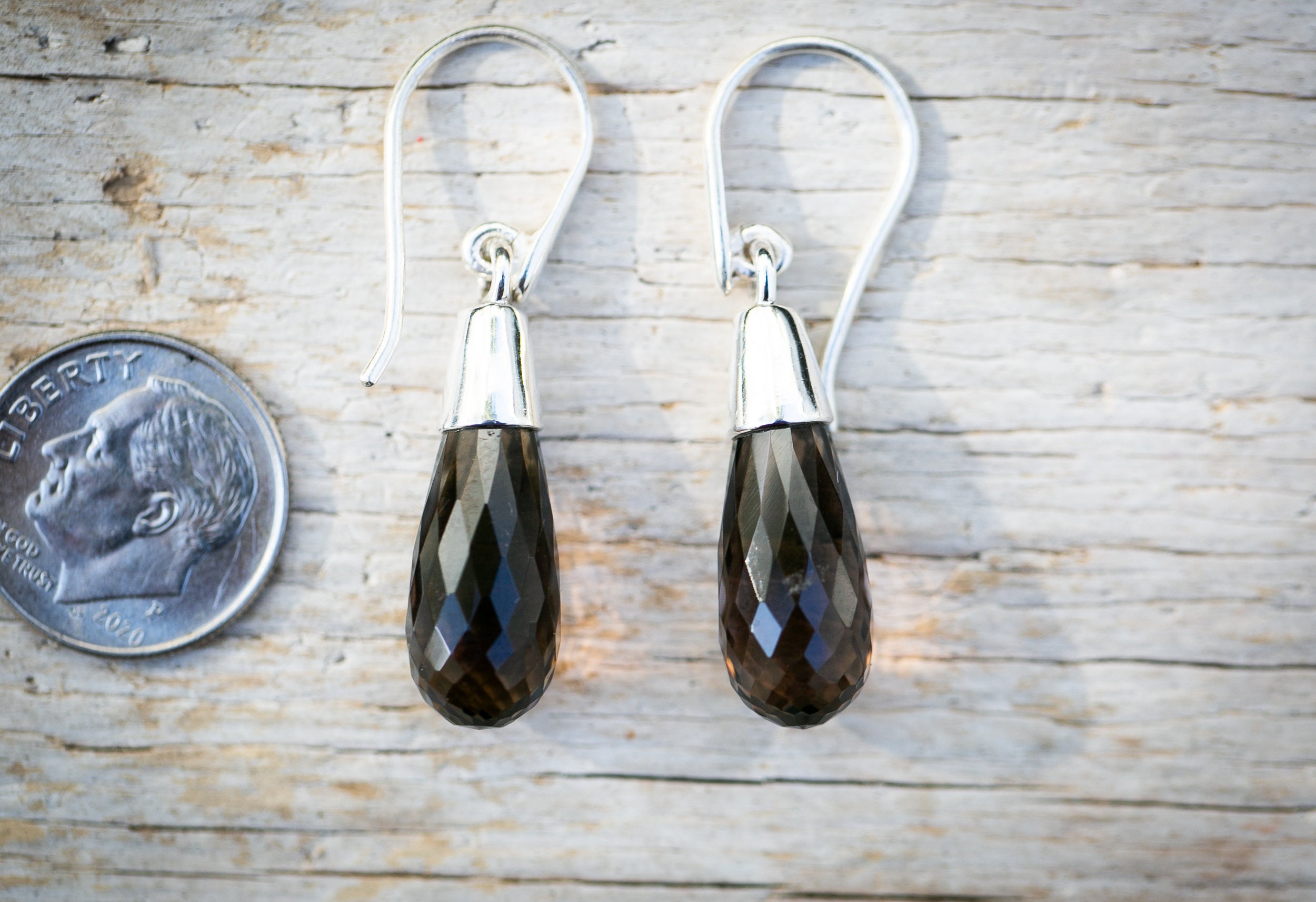 Smoky Quartz Dangle Earrings: 925 Sterling Silver, Checkerboard Cut