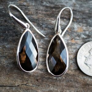 Smoky Quartz Dangle Earrings: Sterling Silver Checkerboard Faceted Drops