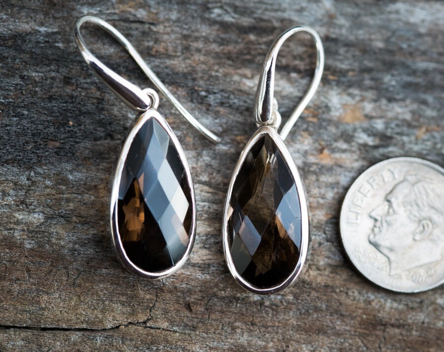 Smoky Quartz Dangle Earrings: Sterling Silver Checkerboard Faceted Drops