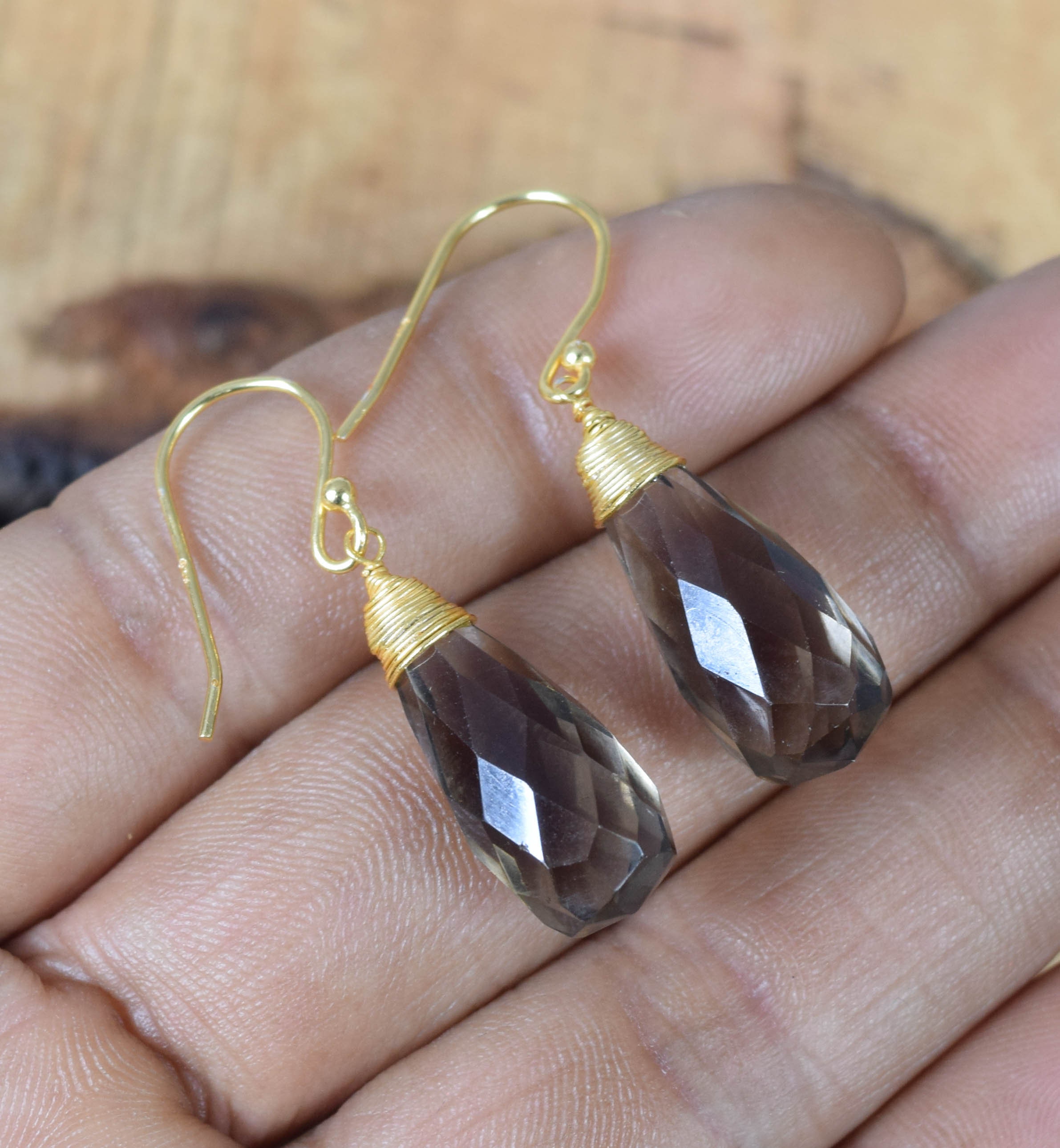 Smoky Quartz Drop Earrings: 18k Gold Overlay, Sterling Silver