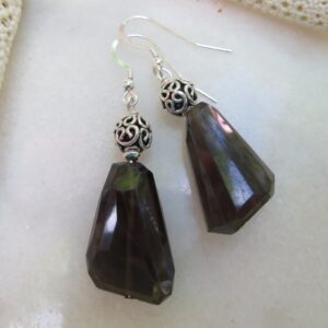 Faceted Smoky Quartz Earrings, Bali Sterling Silver Beads, Gemstone Dangle Earrings