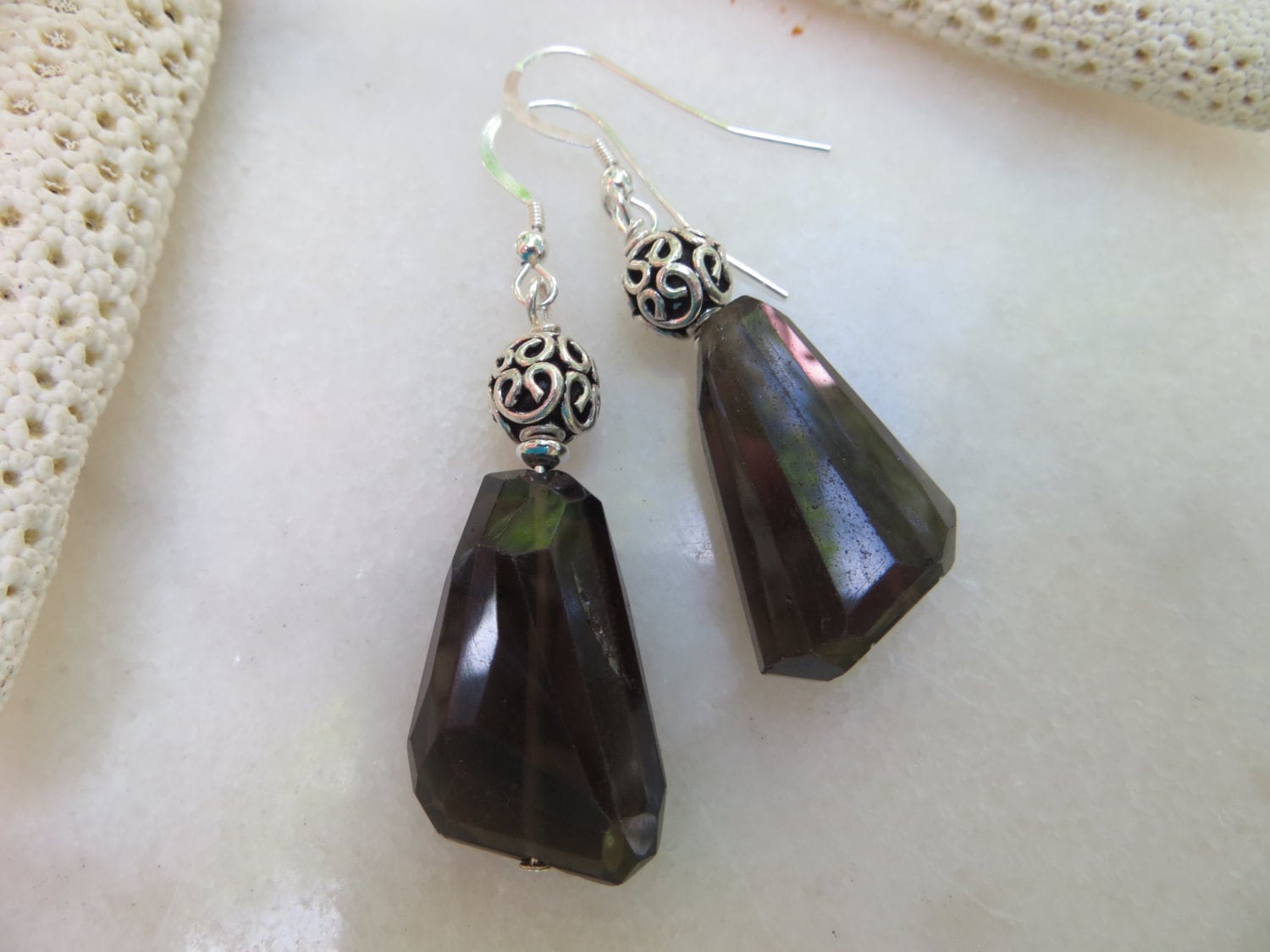 Faceted Smoky Quartz Earrings, Bali Sterling Silver Beads, Gemstone Dangle Earrings