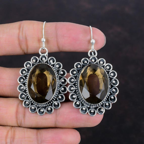 Faceted Smoky Quartz Earrings: Handmade 925 Sterling Silver Jewelry