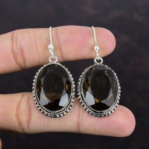 Faceted Smoky Quartz Earrings: Handmade 925 Sterling Silver Vintage Jewelry