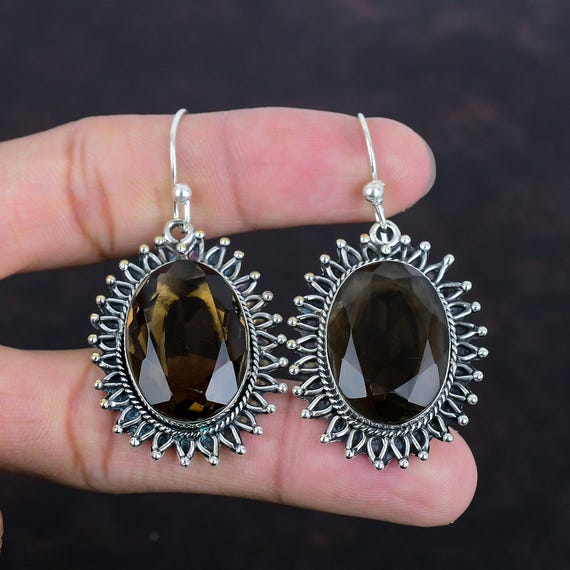 Faceted Smoky Quartz Earrings: Handmade 925 Sterling Silver Gemstone Jewelry
