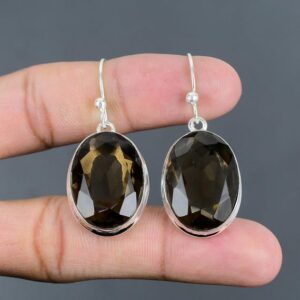 Faceted Smokey Quartz Earrings: Handmade 925 Sterling Silver, Oval Gemstone