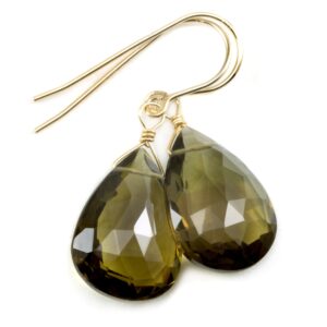 Green Olive Smoky Quartz Earrings Teardrop Fat Extra Large Long Natural Smokey 14k Solid Gold Or Yellow Or Rose Filled Or Sterling Silver