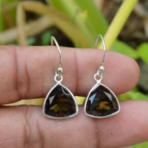 Handmade Smoky Quartz Earrings: 925 Sterling Silver Trillion Dangle