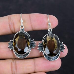 Handmade Faceted Smoky Quartz Earrings: 925 Sterling Silver Dangle Jewelry