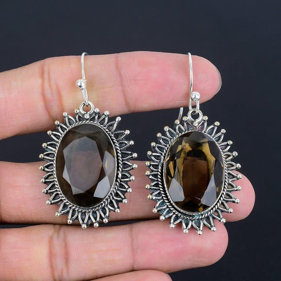 Handmade Faceted Smoky Quartz Earrings: 925 Sterling Silver Gemstone Jewelry