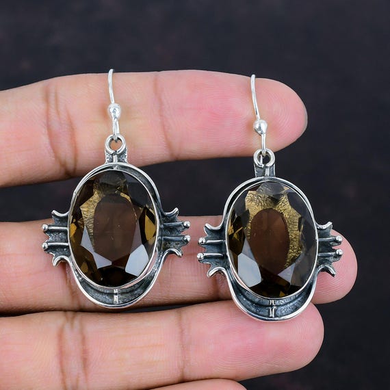 Handmade Faceted Smoky Quartz Drop Earrings: 925 Sterling Silver
