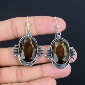 Handmade Oval Smokey Quartz Earrings: 925 Sterling Silver Gemstone