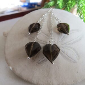 Smoky Quartz Heart Earrings, Sterling Silver Chain Dangle Earrings