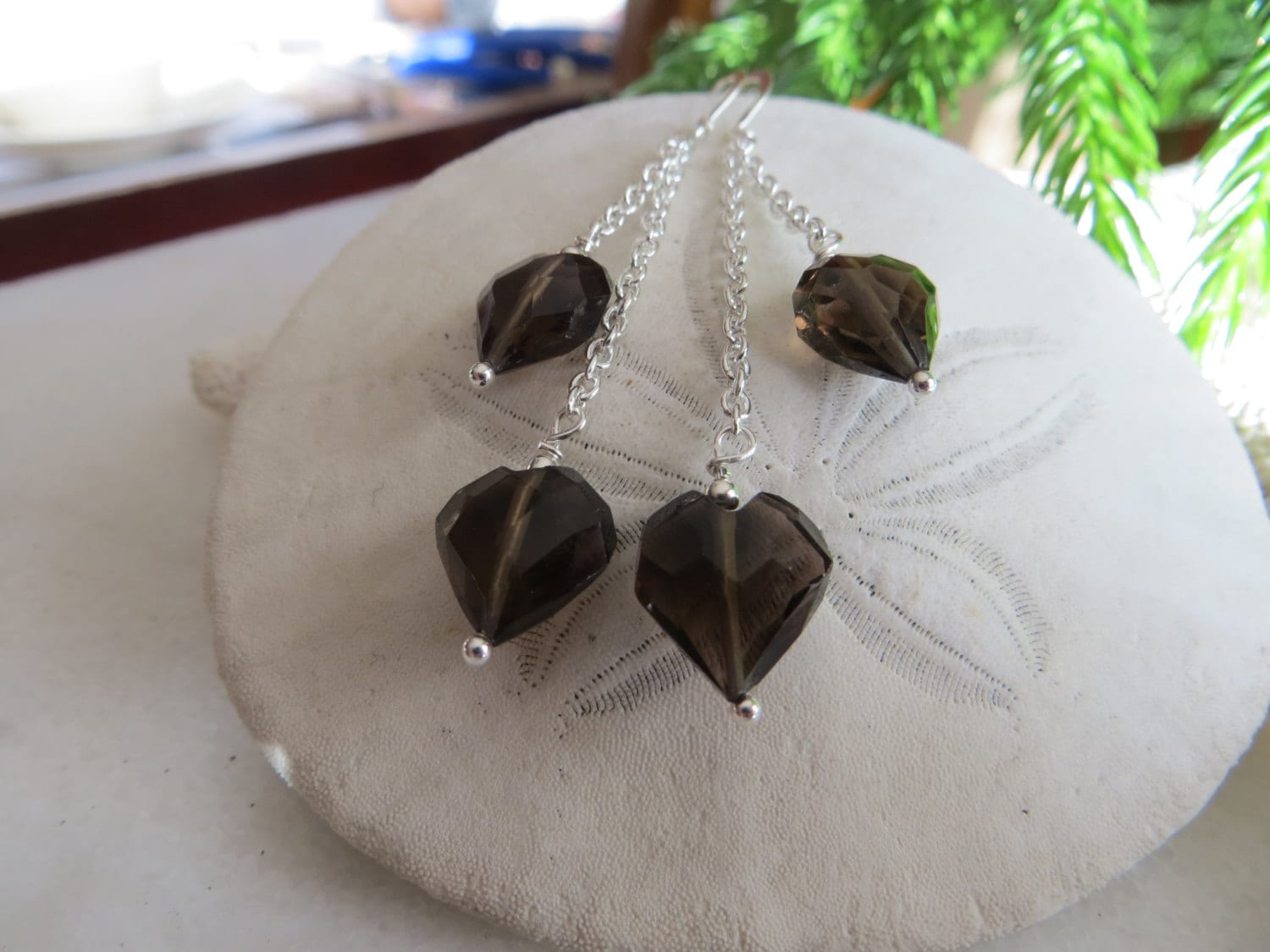 Smoky Quartz Heart Earrings, Sterling Silver Chain Dangle Earrings