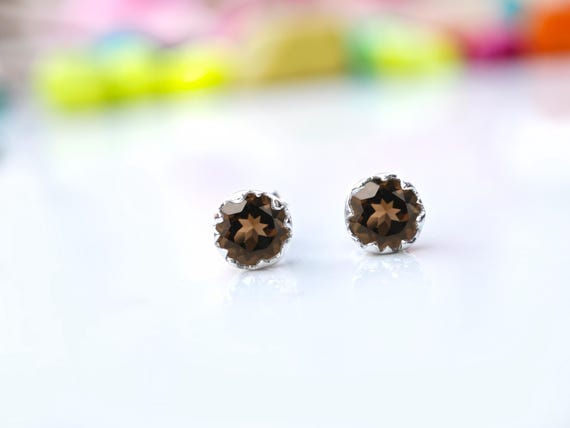 Natural Smoky Quartz Earrings For Women Vintage Round Shape Quartz Gemstone Studs Handmade Sterling Silver Earrings Dainty Stud Earring Gift Natural Smoky Quartz Earrings For Women Vintage Round Shape Quartz Gemstone Studs Handmade Sterling Silver Earrings Dainty Stud Earring Gift