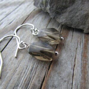 Smoky Quartz Earrings, Notched, Faceted Rectangles, Sterling Silver Dangle Earrings