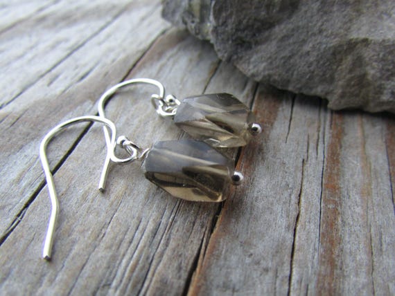 Smoky Quartz Earrings, Notched, Faceted Rectangles, Sterling Silver Dangle Earrings