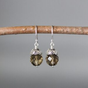 Smokey Quartz Earrings - Bali Silver Earrings - Brown Gemstone Earrings - Small Gemstone Earrings - Brown And Silver